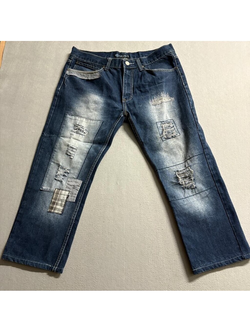 Street Rules Mens Jeans 36x32 Distressed Patchwork Denim Hip Hop Streetwear Blue